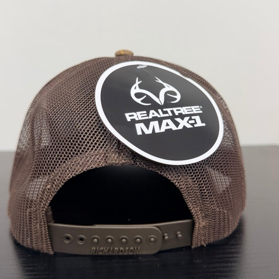 Realtree MAX-1 hangtag and brown mesh adjustable snapback, back view