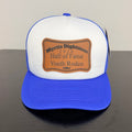 Myrtis Dightman Cambridge white and royal blue cap, front view of actual cap