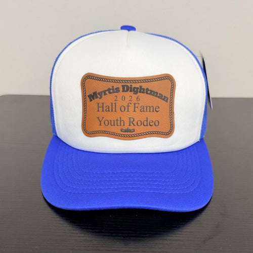 Myrtis Dightman Cambridge white and royal blue cap, front view of actual cap